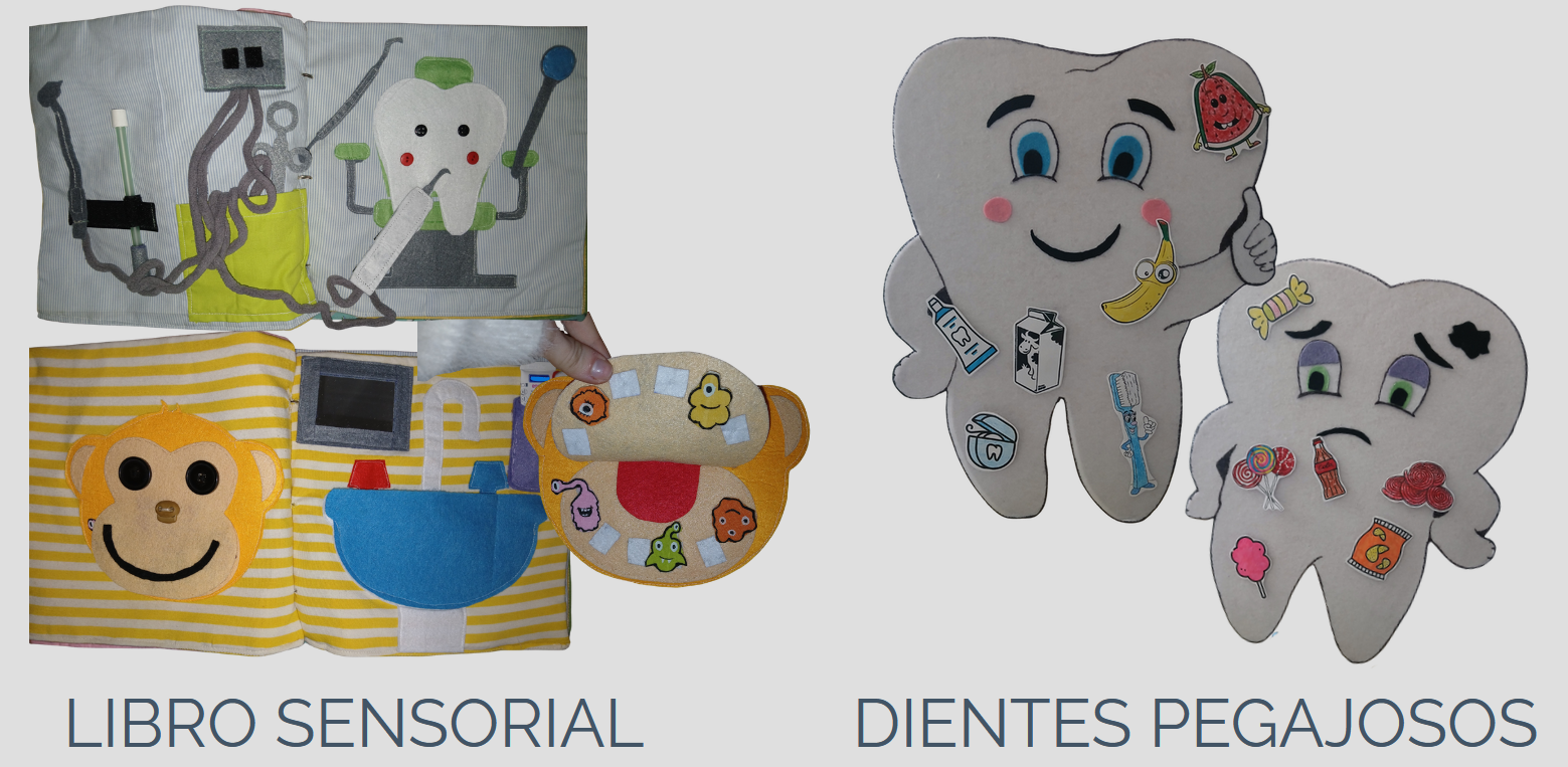 Páginas del libro sensorial. Página con un divertido muñeco de mono creado con fieltro, tiene la boca abierta y bacterias pegadas con velcro a los dientes. Diente sentado en un sillón dental y materiales de la clínica como turbinas o ultrasonido hechos de fieltro. Dientes hechos de madera y fieltro con alimentos que se pegan a estos mediante velcro.